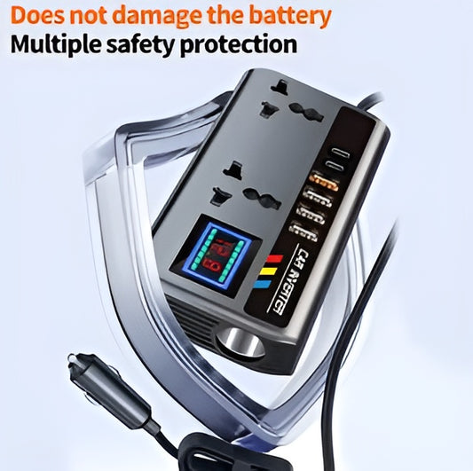 Multi-Port Car Inverter with Dual AC Socket & Digital Display