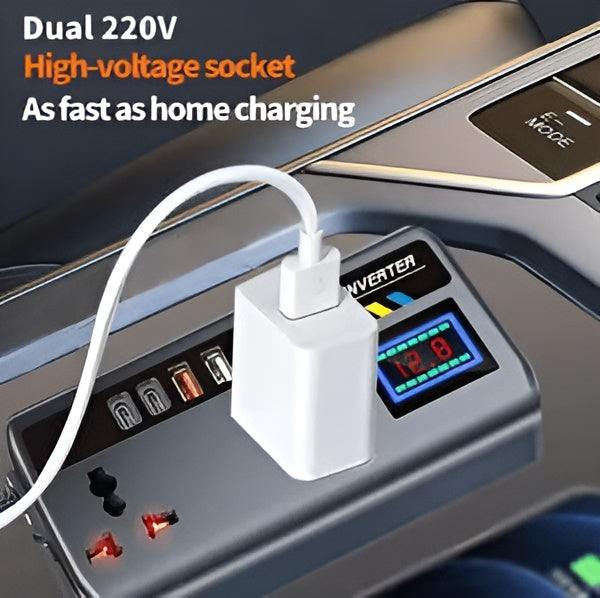 Multi-Port Car Inverter with Dual AC Socket & Digital Display