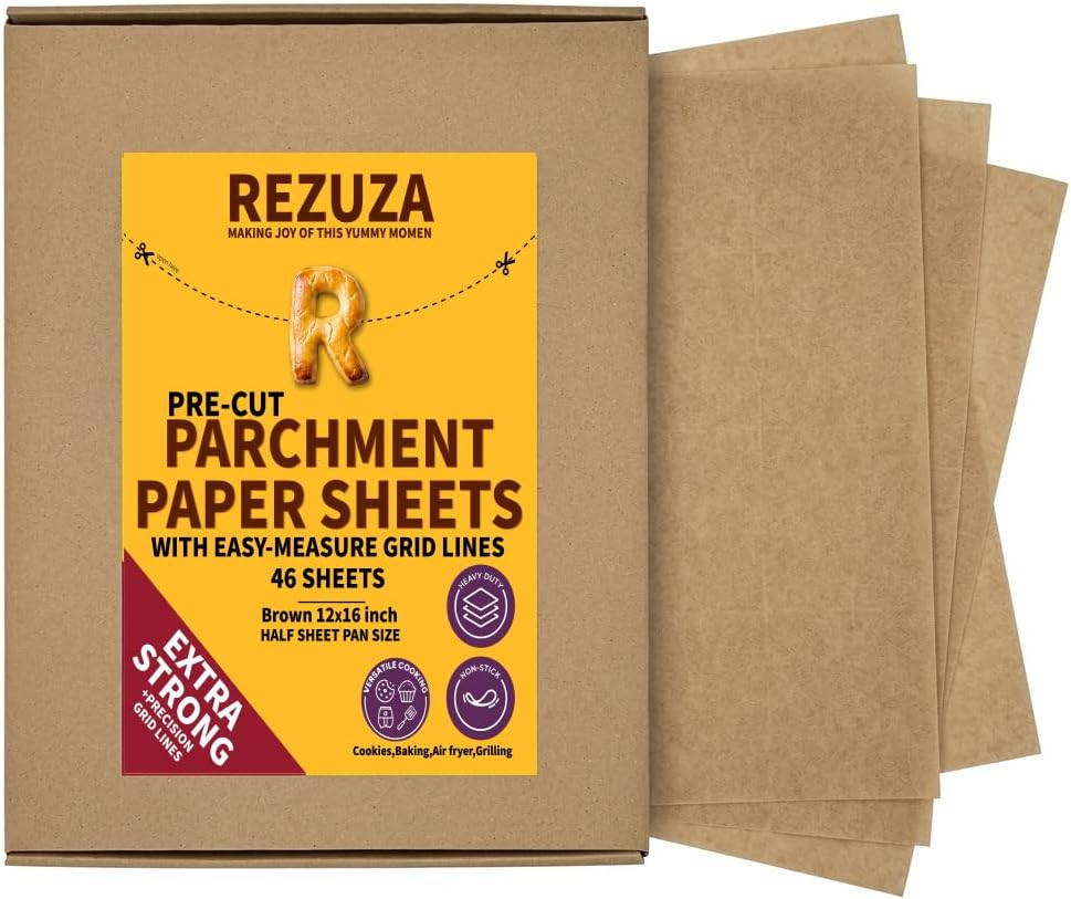 Pre-Cut Parchment Paper Sheets 46 Pack, 12 x 16 Inch Brown Baking Paper with Easy-Measure Grid Lines, Non-Stick and Heat Resistant for Baking, Air Fryer, Grilling and Cooking
