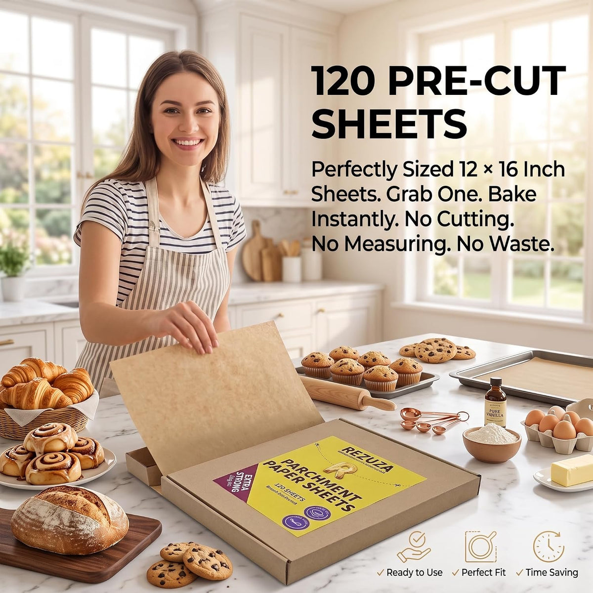 Parchment Paper 12x16 Inch 120 Pre-Cut Sheets, Extra Strong 45g/m²Paper for Baking