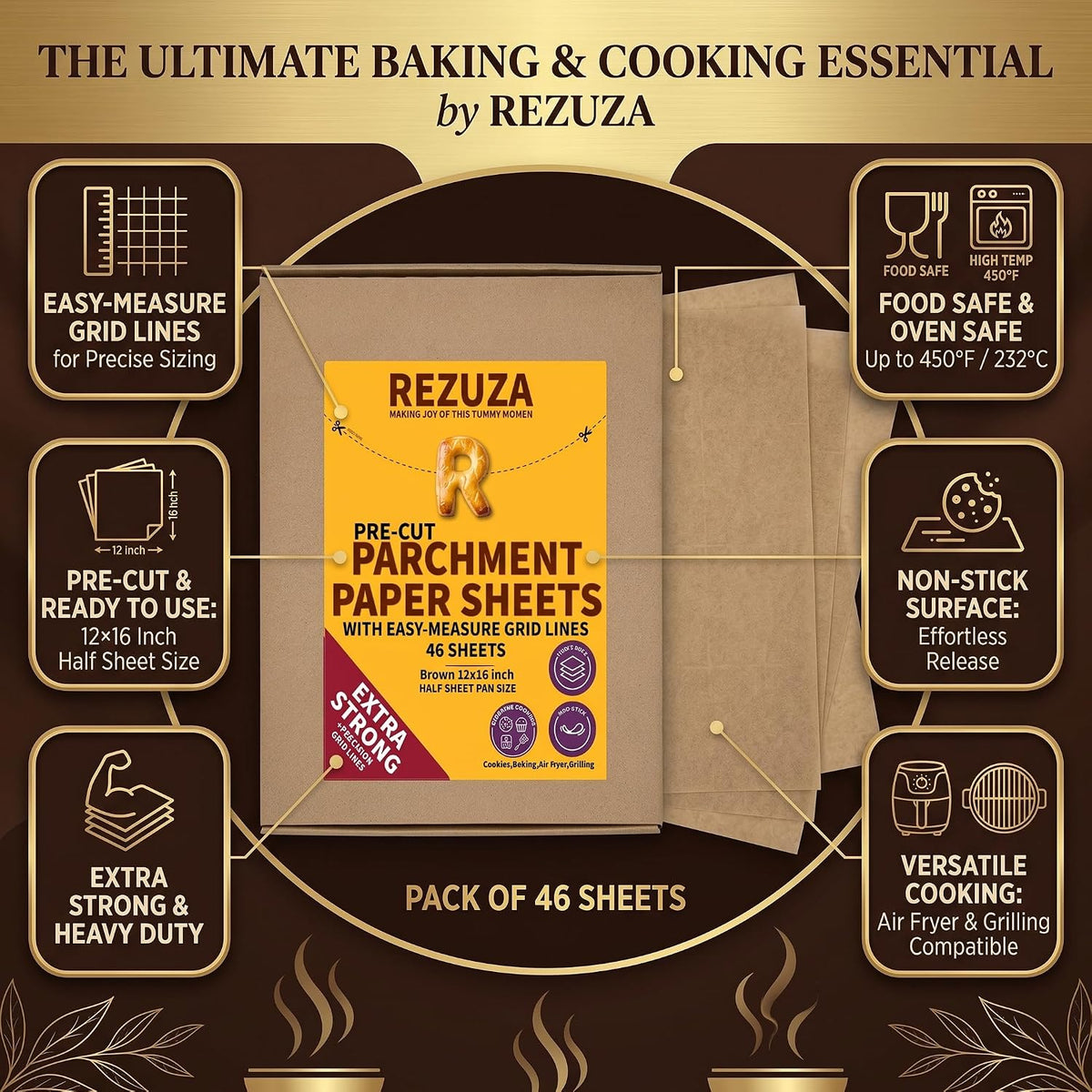 Pre-Cut Parchment Paper Sheets 46 Pack, 12 x 16 Inch Brown Baking Paper with Easy-Measure Grid Lines, Non-Stick and Heat Resistant for Baking, Air Fryer, Grilling and Cooking